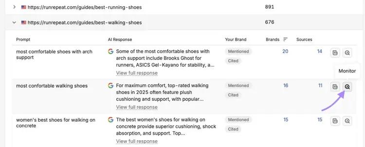 The "Monitor" button clicked next a prompt on the Cited Pages report of Visibility Overview.