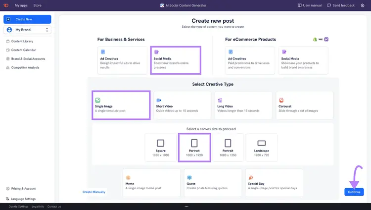 AI Social Content Generator showing options to create a new social media post, with “Portrait” and “Continue” selected.