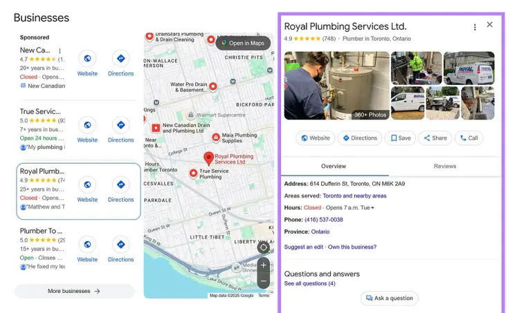 Google businesses with Royal Plumbing profile highlighted on the right.