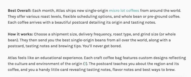 A section from Homegrounds homepage explaining why they think Atlas Coffee Club is great.