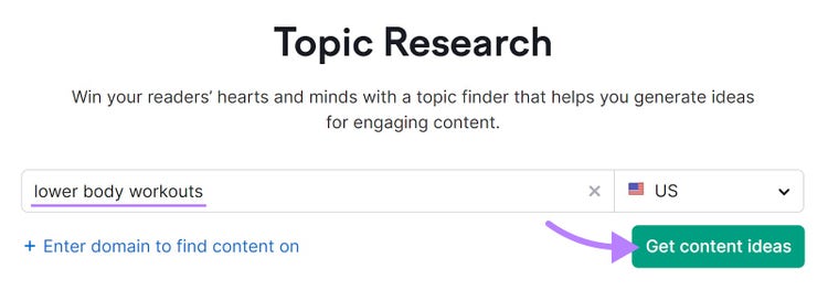 "lower body workouts" entered into the Topic Research tool