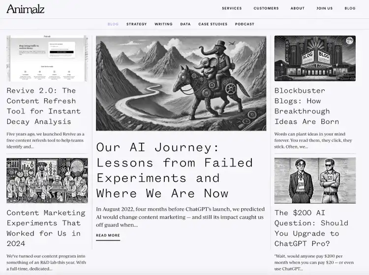 Animalz blog page showing articles: Revive 2.0 Content Refresh, AI Journey, Blockbuster Blogs