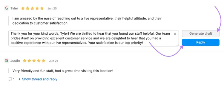 The tool allows you to generate a draft and reply to each review across review platforms.