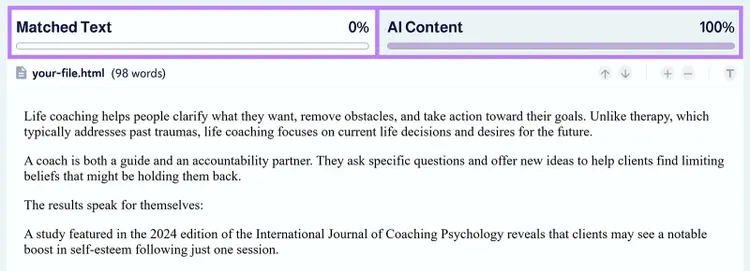 Plagiarism check of AI-written text showing 0% matched text and 100% AI content detected