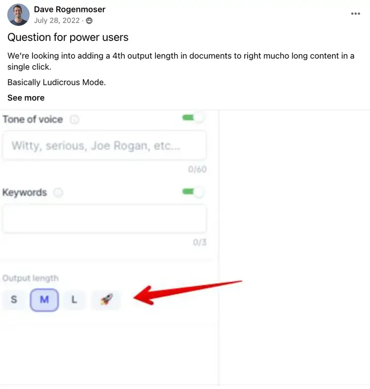 Jasper’s founder post in the Facebook group, asking users for feedback