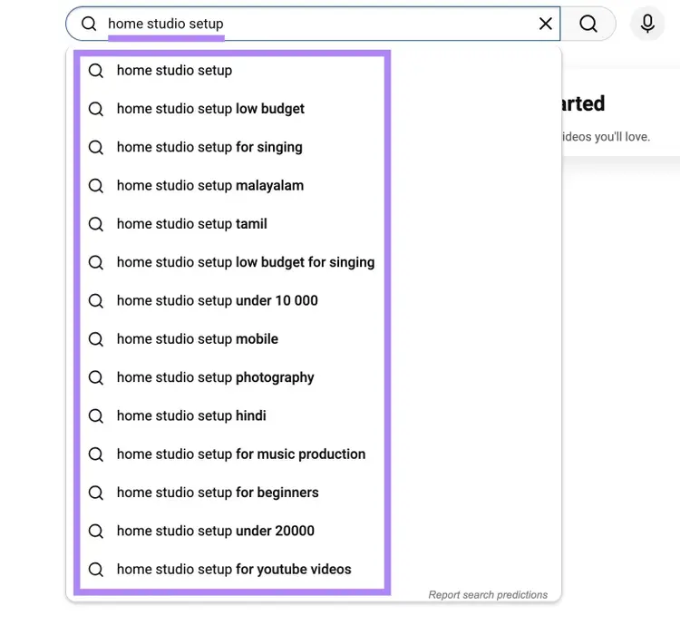 YouTube SERP with "home studio setup" entered as the term along with the list of autocomplete suggestions highlighted.