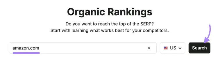 Organic Rankings tool start with "amazon.com" entered as the domain and "Search" clicked.