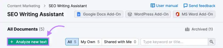 “Analyze my text" button selected under SEO Writing Assistant