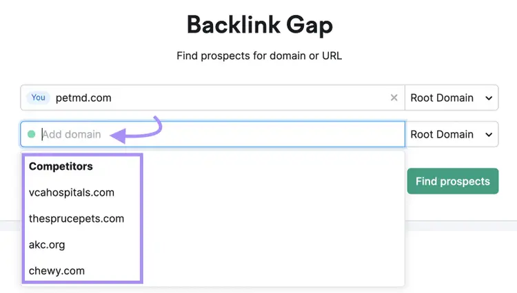 A list of "petmd.com" competitors suggested by Backlink Gap tool