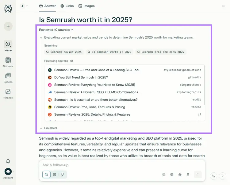 Perplexity interface showing Semrush review queries and a list of reviewed sources in a boxed results panel.