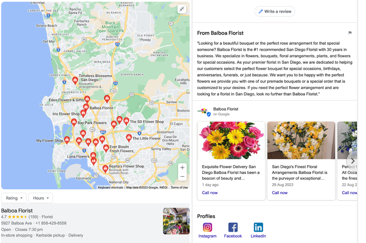 Google Business profile from a florist in San Diego