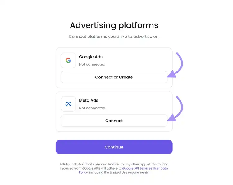 Ads Launch Assistant interface showing advertising platforms section with Google Ads and Meta options
