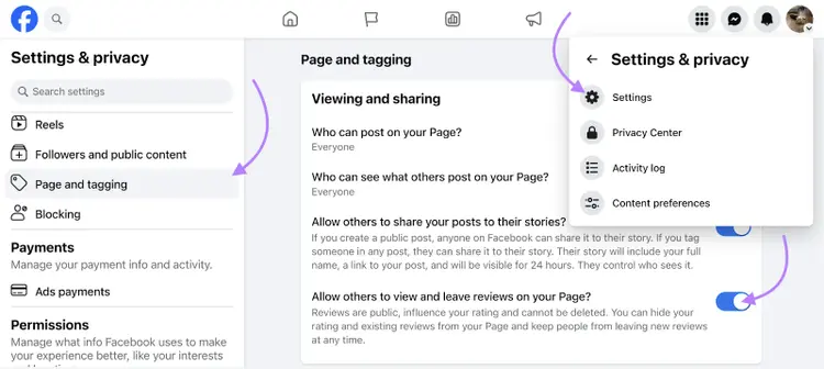 Facebook Page and tagging settings with toggle options for reviews and content sharing permissions highlighted