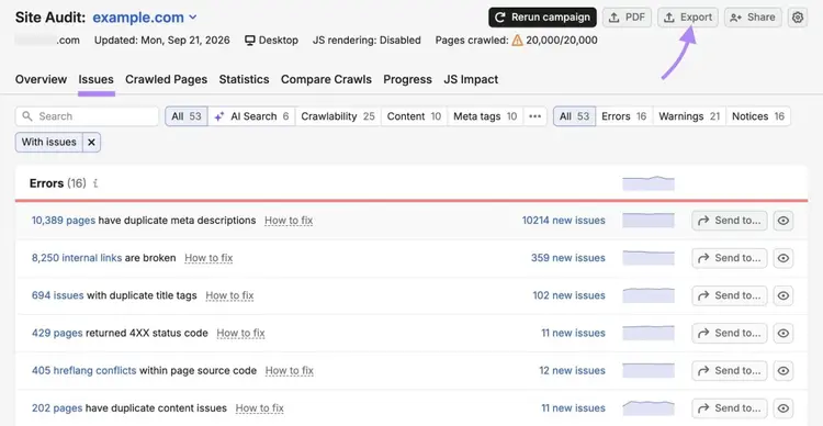 The "Issues" tab on Site Audit with the "Export" button highlighted.