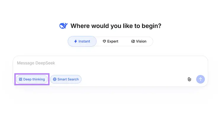 DeepSeek chat interface with the Deep thinking feature highlighted beside Smart Search