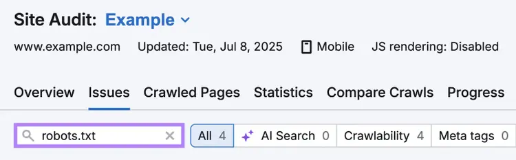 Robots.txt is entered in the search bar.