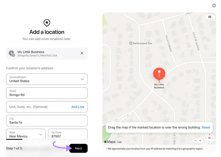 Form to confirm business address with fields for country, street, city, state, and zip code. A map on the right shows a red pin labeled ‘My Little Business.’ A purple arrow points to the Next button