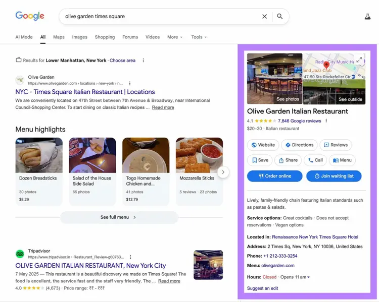 Google SERP for the term "olive garden times square" with the Google Business Profile highlighted.