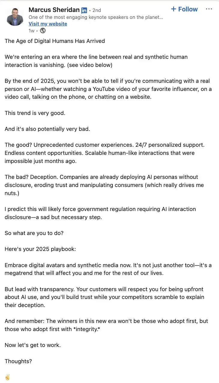 LinkedIn post by Marcus Sheridan on AI digital humans