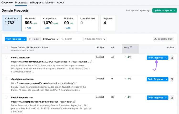 The Link Building Tool's "Prospects" tab allows you to send prospects to the "In Progress" tab to contact.