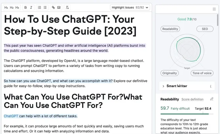 SEO Writing Assistant editor with an article on how to use ChatGPT entered