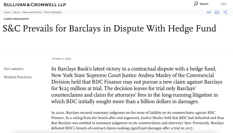 A case study that reads "S&C Prevails for Barclays in Dispute With Hedge Fund"
