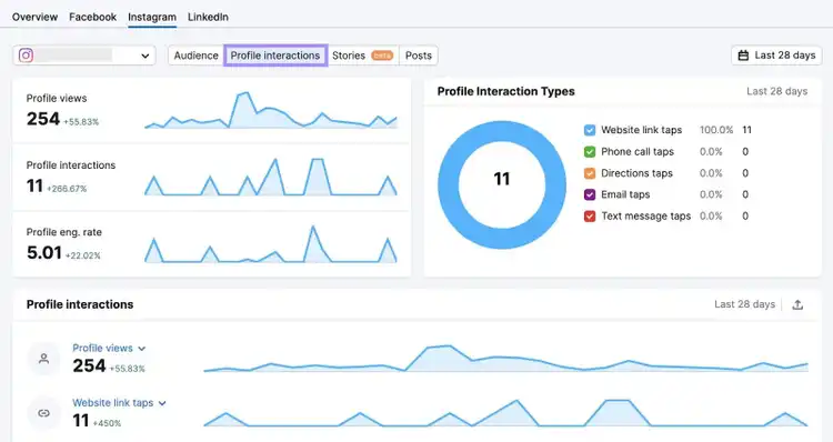 Instagram Profile Interactions dashboard in Social Analytics