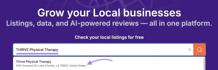 Local dashboard tool start on Semrush with a business name entered and the listing clicked when it appears in the dropdown.