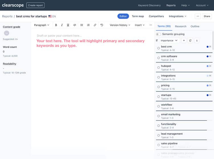 Clearscope editor ui