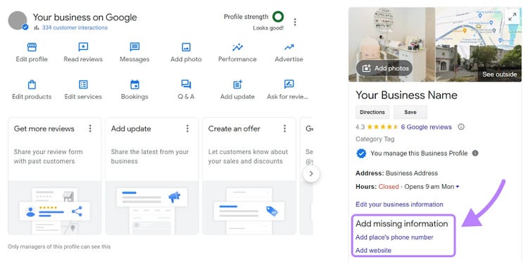 "Add missing information" section highlighted under GBP