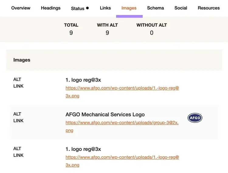 The "Images" tab on the SEO Pro Extension showing total images on a page along with how many have and don't have alt text.
