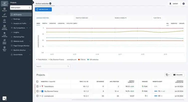 SE Ranking dashboard showing average position over time for tracked websites.