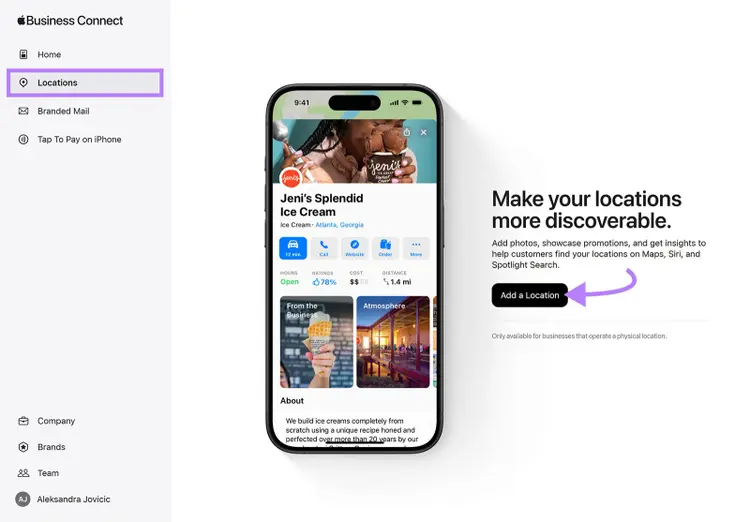 Apple Business Connect page with phone preview and purple arrow pointing to Add a Location.