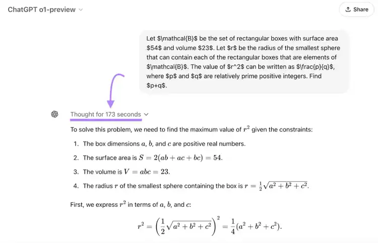 A very complicated math problem is entered as a prompt. The response is a way to solve the problem, step by step with formulas