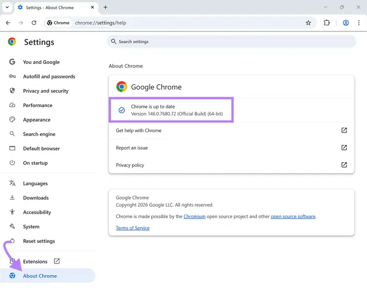 Chrome Settings “About Chrome” page showing current browser version 146.0.7680.72
