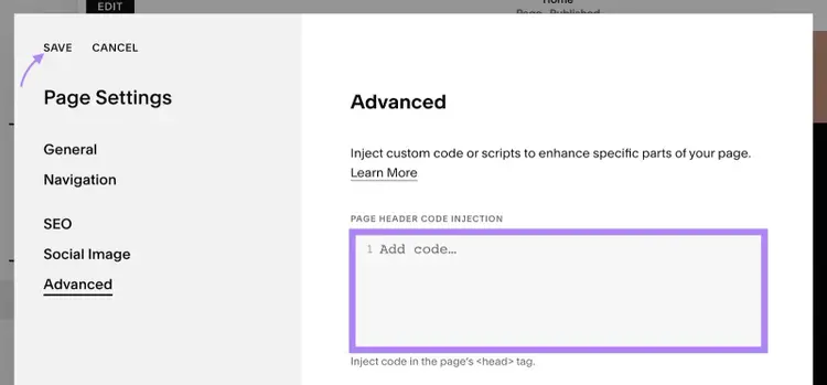 Advanced settings for a page on Squarespace with the 'Page Header Code Injection' table and the 'Save' button highlighted.