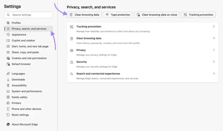 "Privacy, search, and services" window on Edge with "Clear browsing data" clicked.