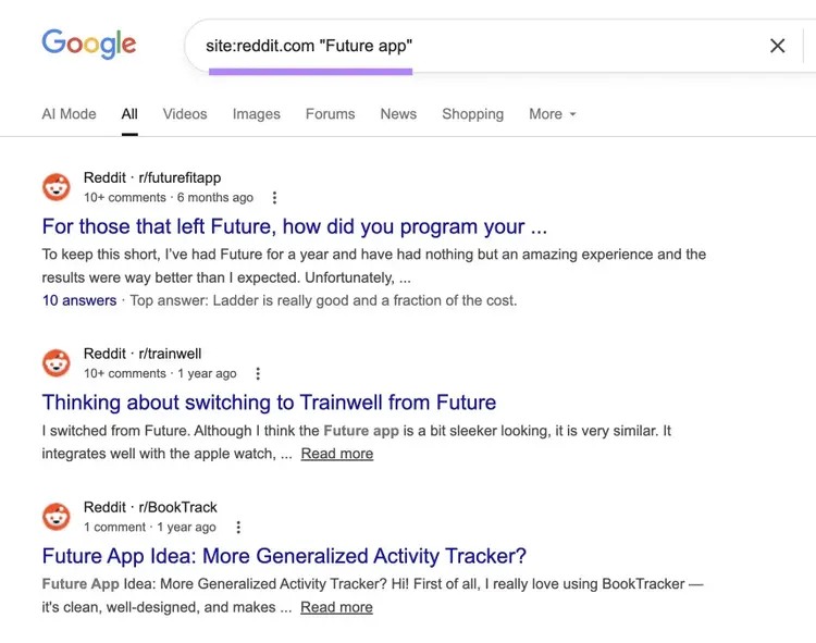Google SERP with a site search operator entered showing a list of Reddit threads that mention a competing brand.