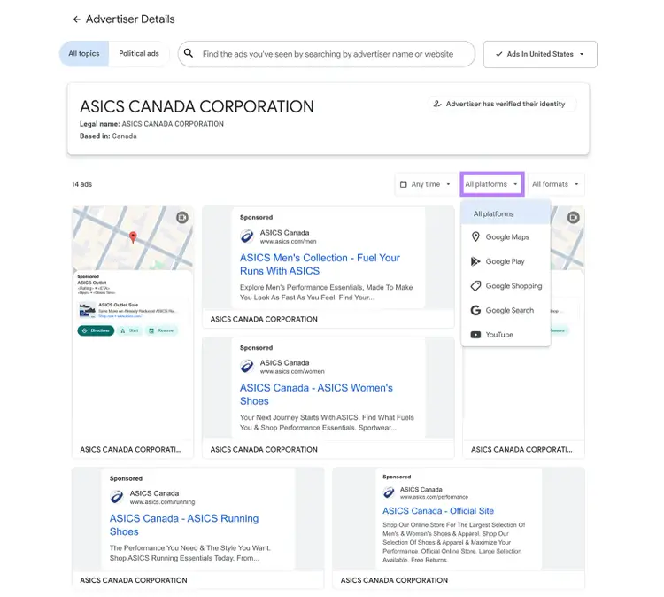 Google Ads Transparency Center advertiser profile with ASICS ads filtered by platform across Google properties