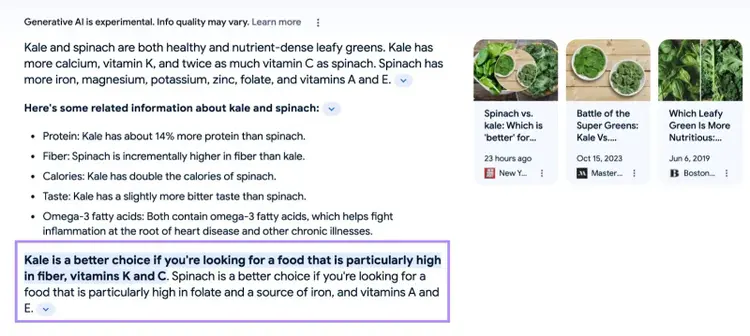A SERP comparing kale and spinach