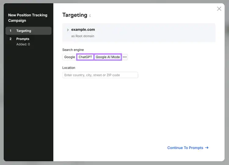 Semrush Position Tracking setup showing ChatGPT and Google AI Mode as search engines