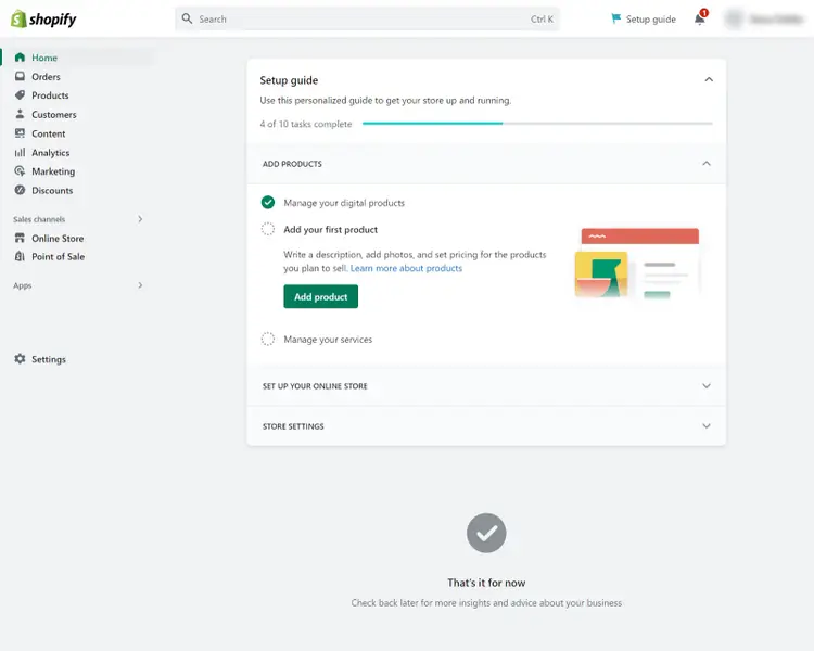 Shopify admin dashboard with setup guide and product management features