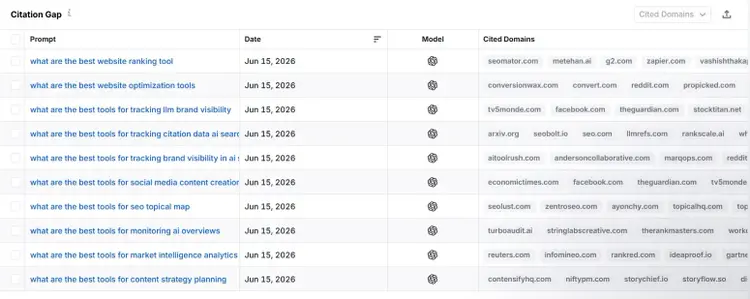 Citation Gap report showing a list of prompts with all the cited domains for each prompt.