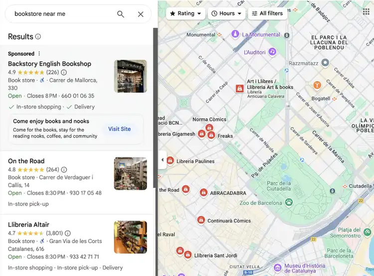 Google Maps search results for bookstores in Barcelona with ratings