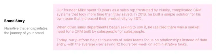 Brand story text block narrating the founder’s experience and journey to creating a CRM solution for salespeople.