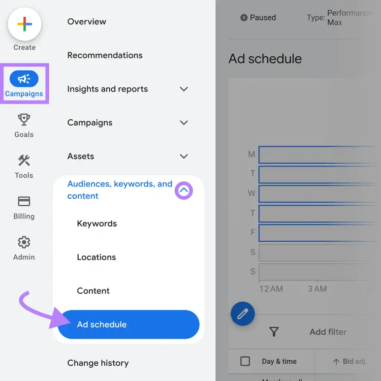 Google Ads campaign menu showing Ad schedule settings for controlling when ads appear