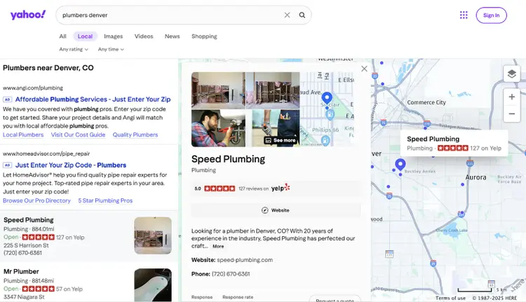Search for plumbers denver shows local businesses in the area, similar to Google Maps.