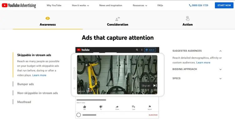 YouTube Advertising landing page