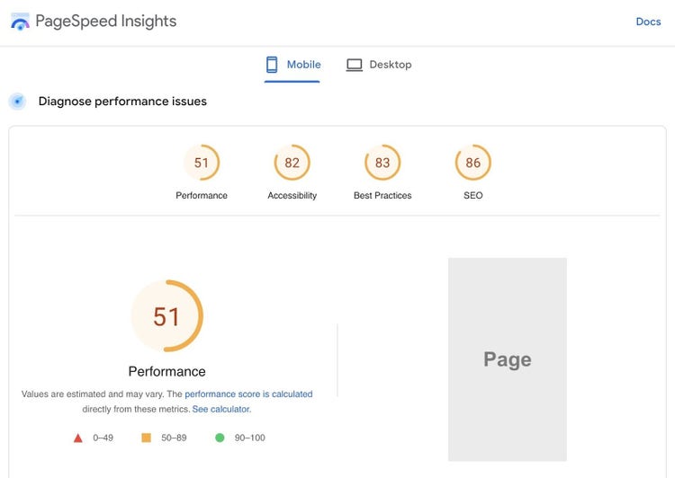 PageSpeed Insights with scores for a site's performance, accessibility, best practices, and SEO