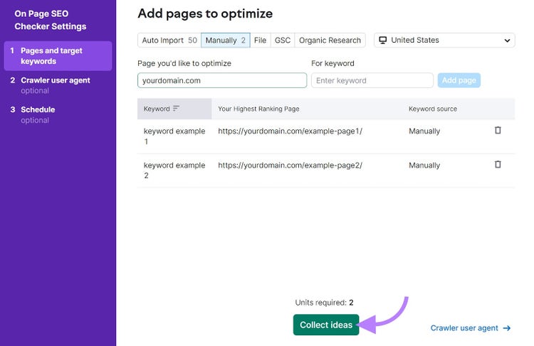 add pages and keywords to setup